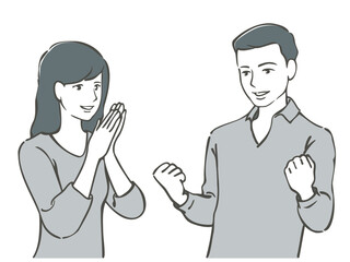 向かい合って喜びを表す男女の上半身イラスト