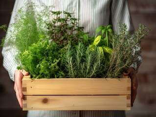 Woman holding a wooden crate with various herbs, close up