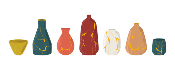 Vector set of Kintsugi ceramics. A collection of dishes made in oriental technique with golden lines. Restored antique tableware. Isolated design on a white background.