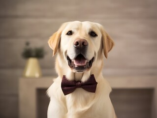 Happy smiling dog wearing a black bow, closeup