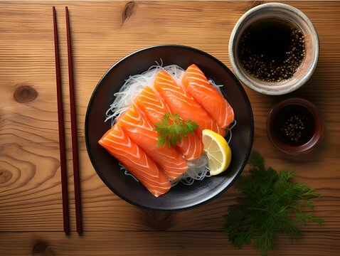 Salmon sashimi served with funchosa, lemon and soy sauce on wooden table, flat lay, top view