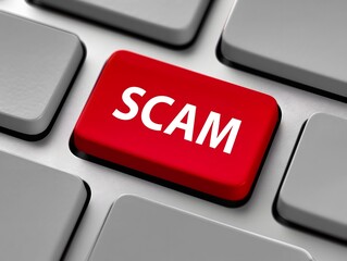Red button with word "Scam" on computer keyboard, top view, close up