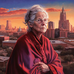 Venerable Woman. Generative AI.
A digital rendering of a venerable woman with a city in the background.