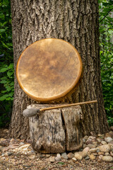 Fototapeta na wymiar handmade, native American style, shaman frame drum covered by goat skin with a beater under an oak tree