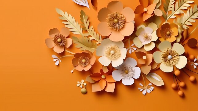 Generative AI, Paper cut craft flowers and leaves, apricot crush orange color, origami textured background, spring mood. Floral frame layout..