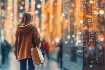 Obraz premium A woman walking around the mall before Christmas with her shopping bag. Generative AI