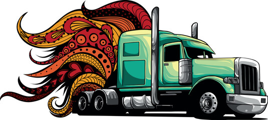 vector illustration of semi Truck with mandala ornaments