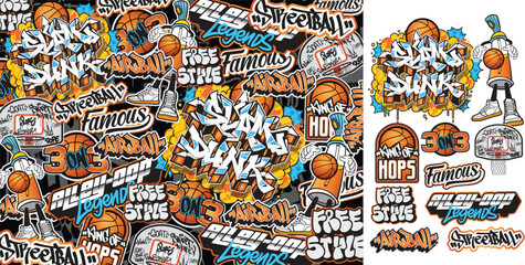 A set of colorful sticker art designs of the street basketball illustrations in graffiti style. Graffiti sticker design artwork - obrazy, fototapety, plakaty
