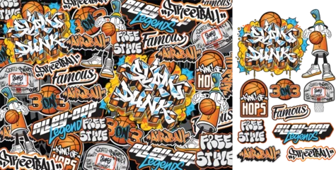 Fotobehang A set of colorful sticker art designs of the street basketball illustrations in graffiti style. Graffiti sticker design artwork © Themeaseven