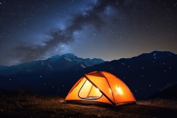 Fototapeta na wymiar Illuminated camp tent under a view of the mountains and a starry sky. Generative AI