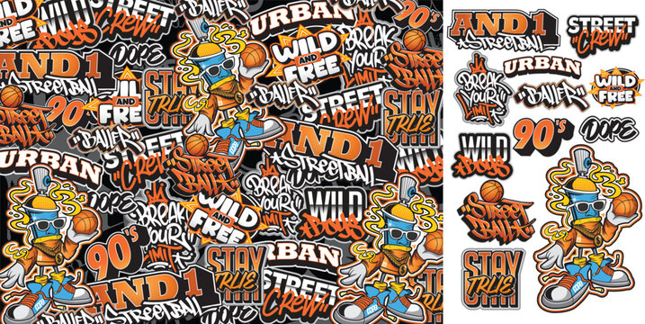 A set of colorful sticker art designs of the street basketball illustrations in graffiti style. Graffiti sticker design artwork