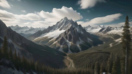 tall mountains with dense pine forests on their slopes, with clouds drifting in the blue sky above. Generative AI