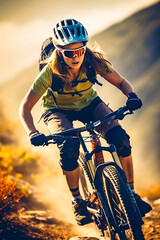 Young woman in helmet and goggles riding down on Mountainbike