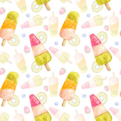 Watercolor pattern with ice cream on sticks with blueberry, kiwi and strawberry. For wrapping paper, textile, bedding, nursery, wallpapers, postcards, greeting cards