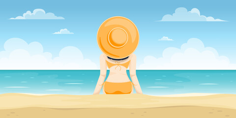 Fototapeta na wymiar Sea ​​view scene, Woman wearing orange swimsuit with sun hat, Vector illustration.