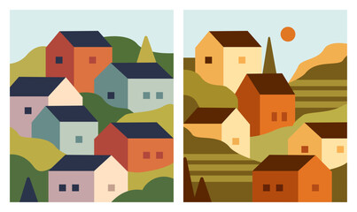 Landscape urban city flat design illustration. Minimal cityscape. Flat town houses with eco nature environment, modern geometric buildings. Cityscape background, vector illustration