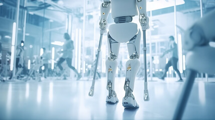 Hospital Physical Therapy , rehabilitation of a patient with a leg injury, a modern medical center , Robotic Exoskeleton Legs