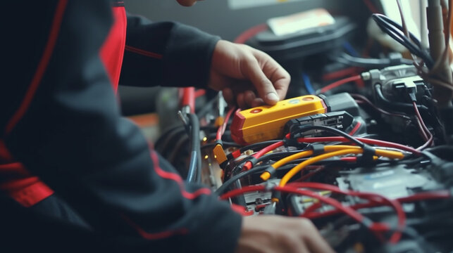 Technician Hands Of Car Mechanic Working Repair In Repair Service Electric Battery And Maintenance. Check The Electrical System. Generative AI