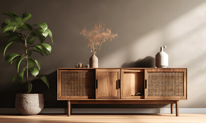 Scandinavian interior design of living room with rattan console, wooden chair, mock up poster frame, pampas in vase and trendy home accessories. Generative Ai