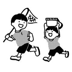 ひまわり畑を走る虫かごあみを持った子ども