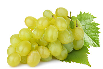 Ripe green grape with leaf isolated on white background