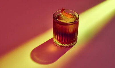 Glass of refreshing Negroni cocktail with bitter flavor and ice garnished with orange peel. Served...