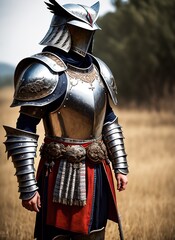 person in a suit of metal armour standing in a field