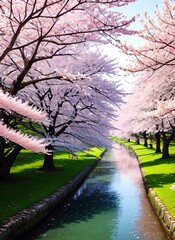 river flowing between cherry blossom trees