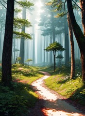 a path going through a forest with trees
