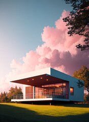 modern mansion with pink clouds in the background