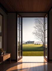 room with a door in the morning