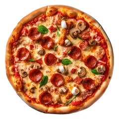 top view of a delicious Italian pizza on transparent background