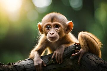 Premium portrait | Closeup view of  Monkey Sitting On A Tree Branch In The Jungle, AI.