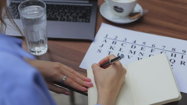 numerologist girl makes a calculation according to numerology, future by date of birth, find out her purpose with the help of numbers top view