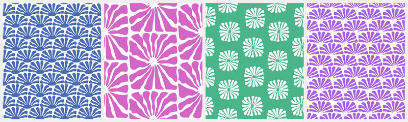 Groovy Retro 70s Style Floral Vector Seamless Patterns. Pink, Blue, White and Violet Flowers on a White and Green Background. RGB Colors. Vintage Hippie Repeatable Print with Flowers. Abstract Garden.