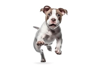 Fototapeta premium Young pitbull jumping in the camera and having fun generative ai