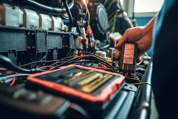 Obraz premium Technician Hands of car mechanic working repair in auto repair Service electric battery and Maintenance of car battery. Check the electrical system inside the car, generative ai