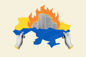 Artwork collage picture of black white effect arms hold ukraine map burning building russia...