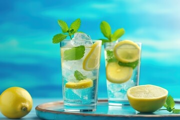 two glass with lemonade, with lemon and mint, cold refreshing drink , beverage with ice, generative ai