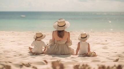 Fototapeta na wymiar The family is sitting on the seaside, rear view. Mother and children in sun hats relaxing sitting on the beach. Ai generative