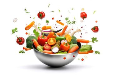 Vegetable salad in a bowl - The Energetic Ballet of Kitchen: Vibrant Vegetables Propelled Mid-Air from a Sizzling Pan. Generative AI.