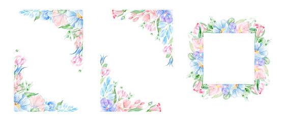 Watercolor tiny meadow floral bouquets, borders, wreaths and frames. Pink and blue wild flowers, summer flower, blossom, soft watercolor frame botanical arrangements, Gentle wedding invitation. 
