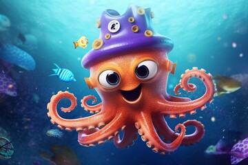 A cute, colorful octopus underwater with a large hat created with Generative AI technology