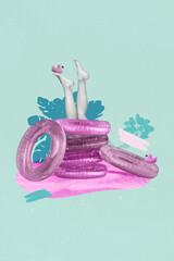 Vertical collage picture of black white gamma girl legs pile stack inflatable rings little flamingo...