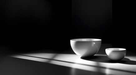 Creative minimal concept. Dark large table wall room with abstract bowl zen deco and natural shadow. Banner template for product presentation. Mock up 3D rendering living, office, gallery

