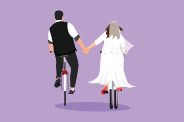 Character flat drawing happy romantic married couple ride bicycles back to camera and holding hands. Young handsome man and cute woman in love wearing wedding dress. Cartoon design vector illustration