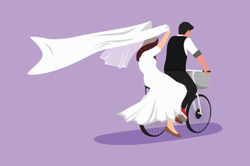 Cartoon flat style drawing happy married couple having fun on date riding bicycle in love. Back view of romantic teenage couple ride bike on road with wedding dress. Graphic design vector illustration