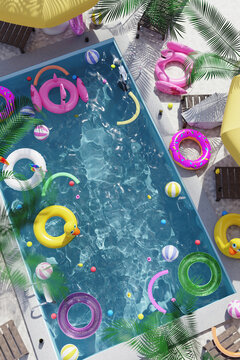 Picture image 3d collage poster billboard swimming pool floating flamingo duck rubber toys dream vacation among tropics palm