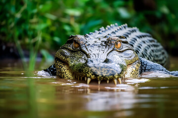 American crocodile swimming around the magrove forest. Generative AI - obrazy, fototapety, plakaty