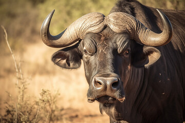 Close up monochrome portrait of cape buffalo head and horn. Generative AI